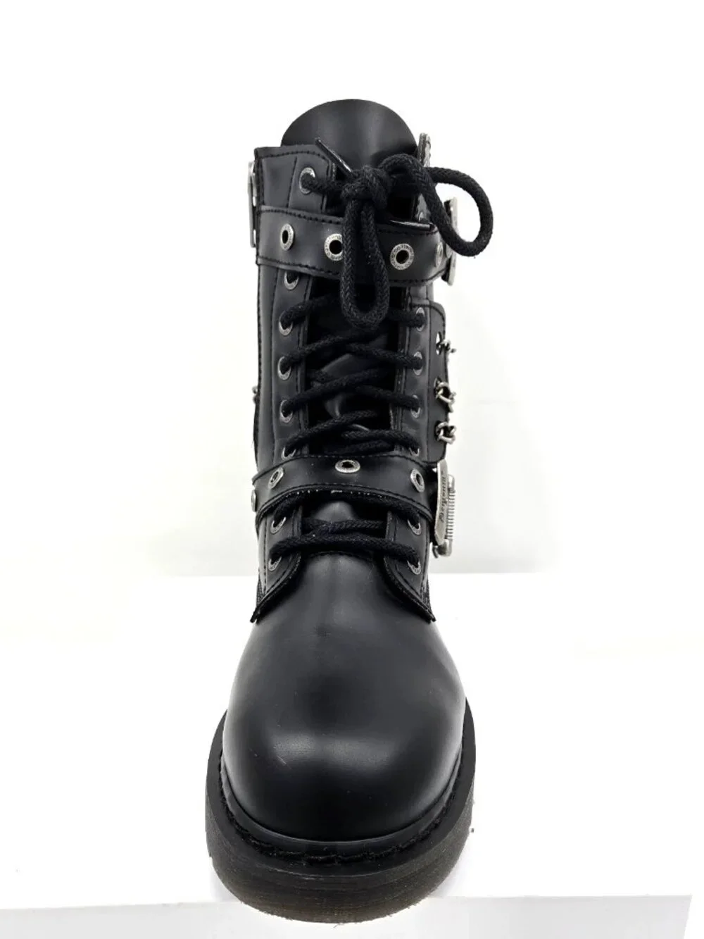 DEMONIA Bolt 250 Mens Sz 10 Black Goth Combat Biker Side Zip Buckle Chains Boots